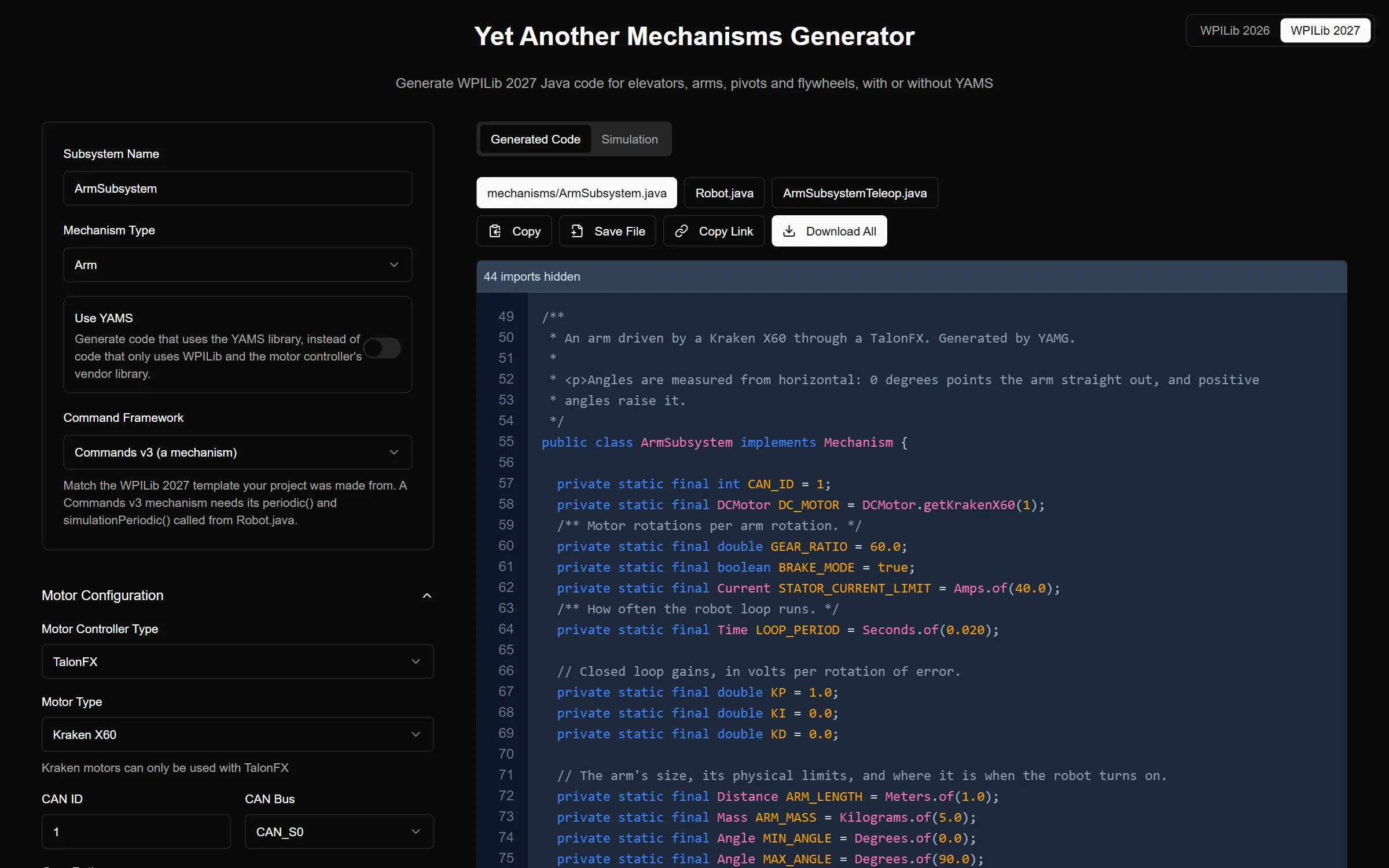 YAMG generating a plain vendor arm mechanism for a TalonFX and Kraken X60
