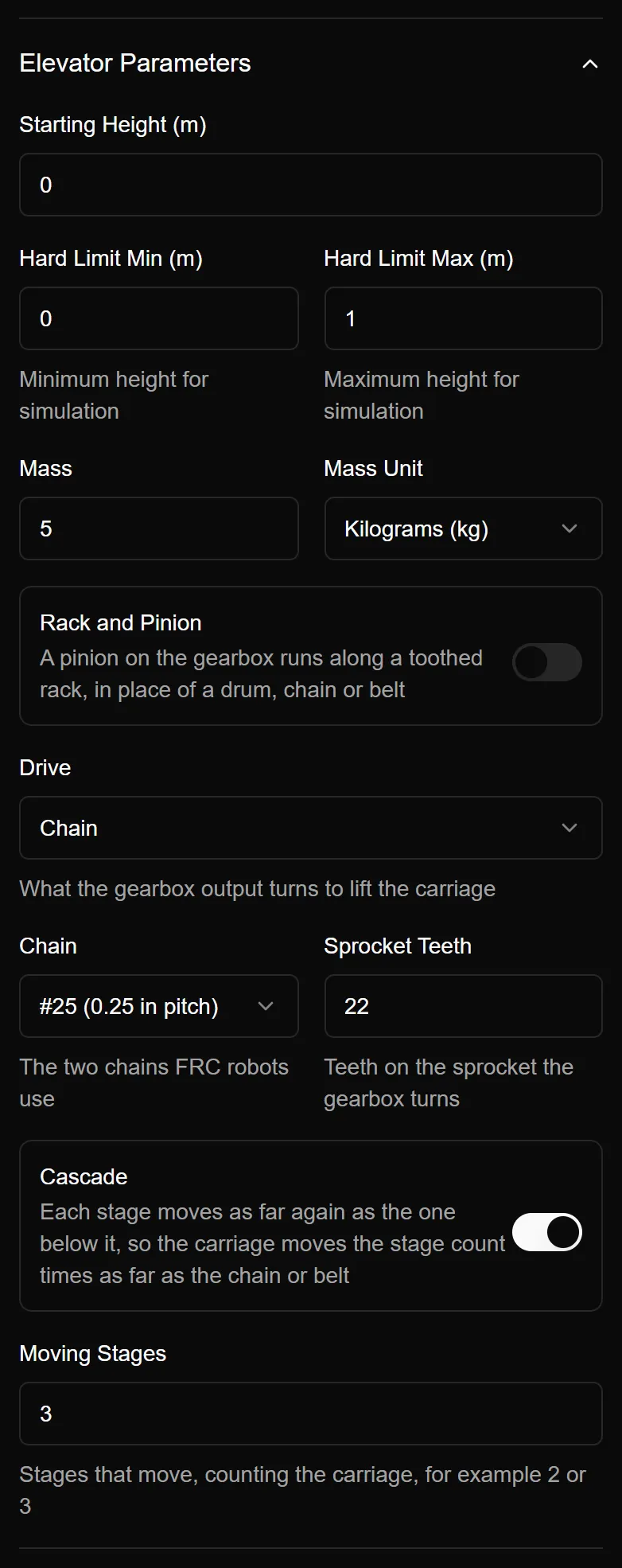 An elevator driven by #25 chain as a three stage cascade