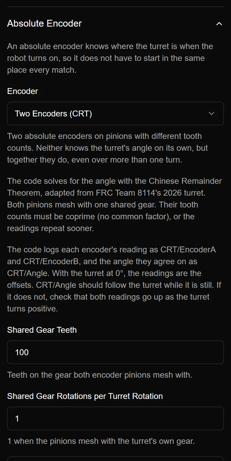 A turret finding its angle from two encoders with CRT