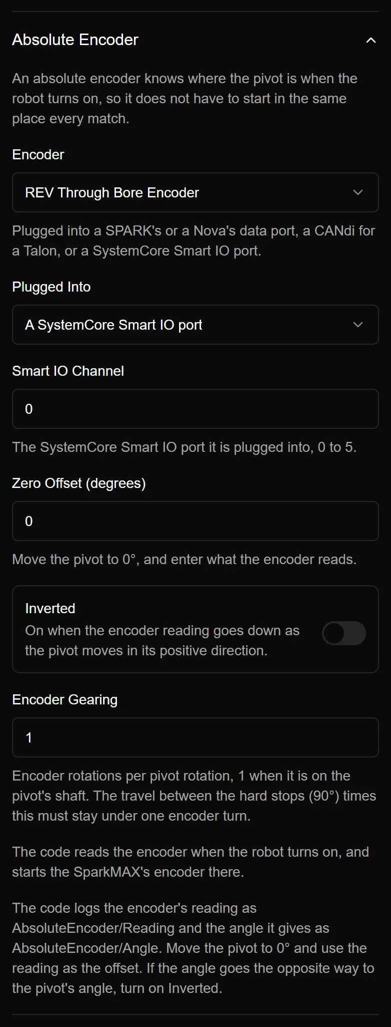 A pivot with a REV Through Bore Encoder on a SystemCore Smart IO port