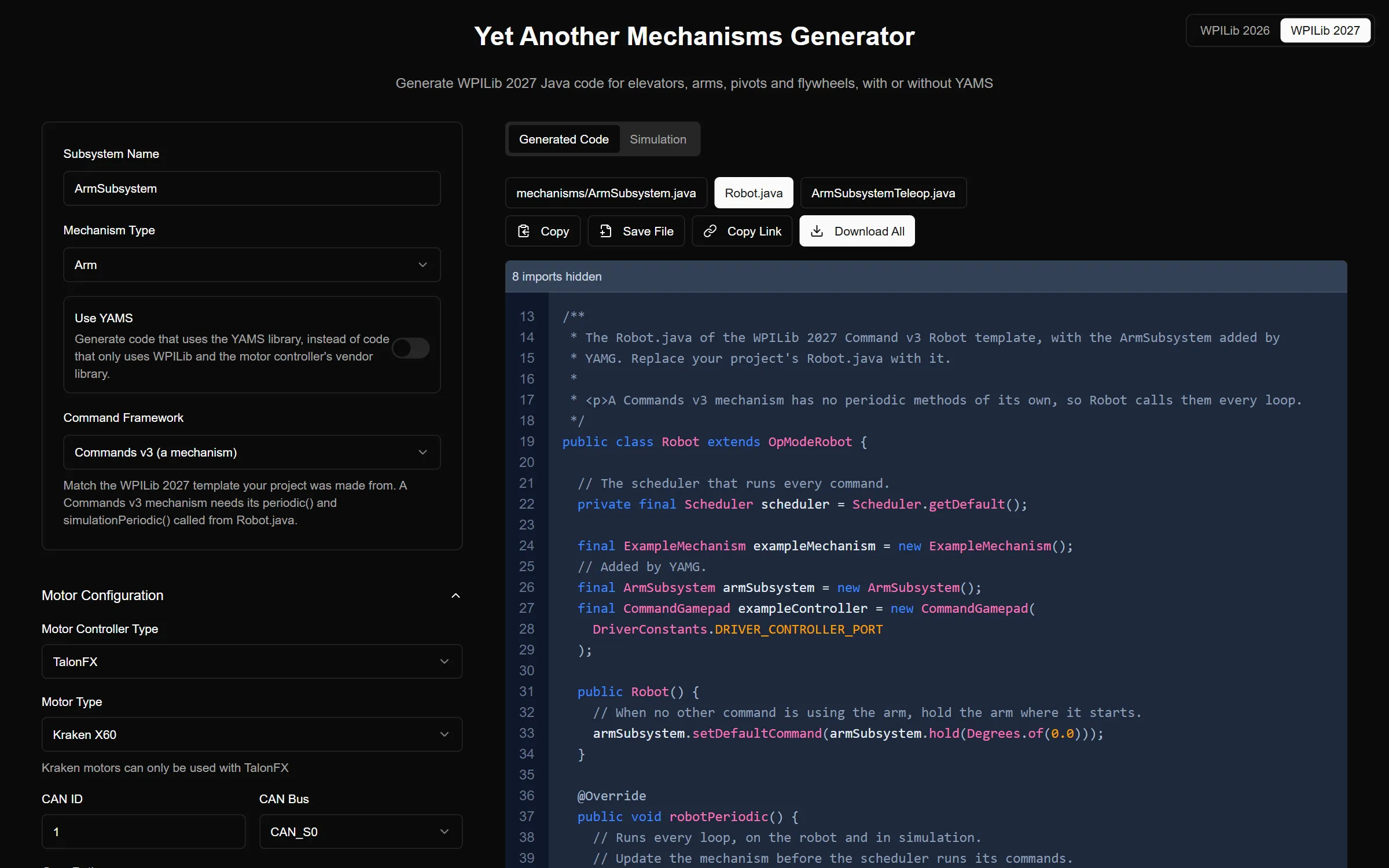 The Robot.java YAMG generates for a Commands v3 arm
