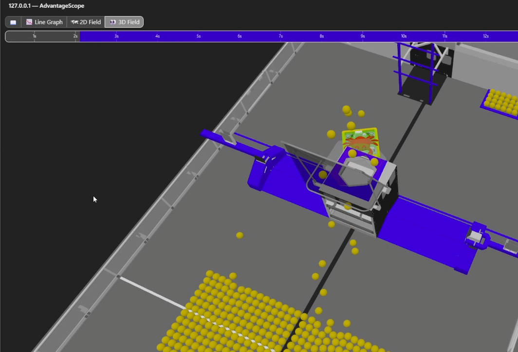 JSim simulation showing fuel game pieces launching out of a hub