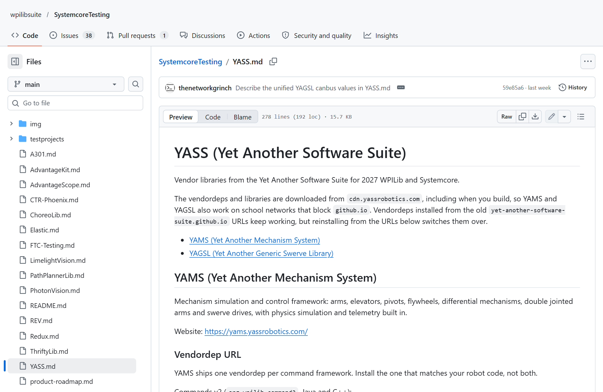 The YASS page in WPILib's SystemcoreTesting repository on GitHub