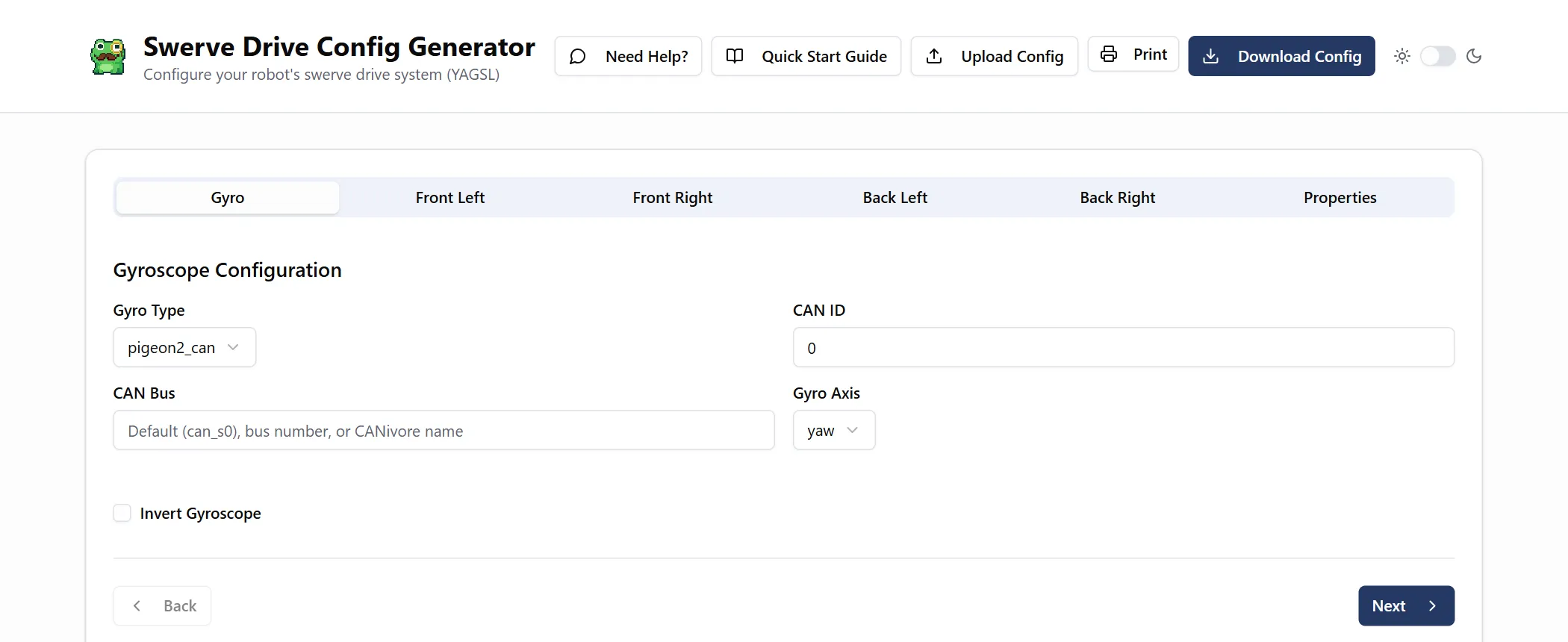 The YAGSL swerve drive config generator at config.yagsl.com